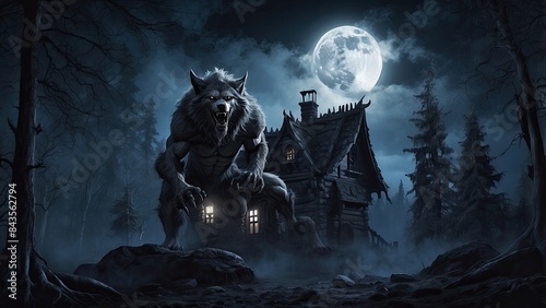 Hairy aggressive Werewolf growling in the moonlight over a full moon shining on a dark scary mystery foggy forest with a gothic house under the moon.