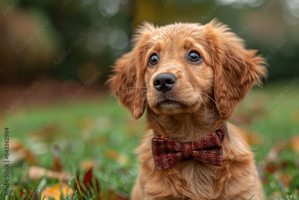 A fluffy golden retriever puppy sitting on a green lawn, wearing a red bow tie and looking up with big, curious eyes A fluffy golden retriever puppy sitting on a green lawn, wearing a red bow tie and looking up with big, curious eyes