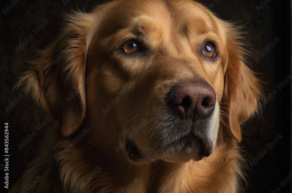 Low-Key style portrait of a retriever on dark background. AI generated Low-Key style portrait of a retriever on dark background. AI generated
