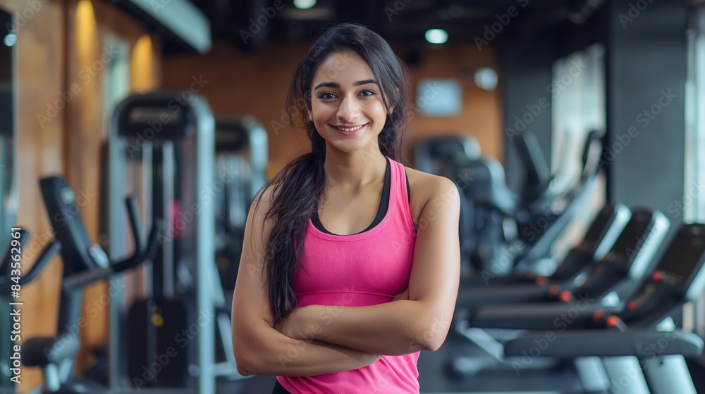 Obraz premium Confident Pakistani Female Fitness Trainer in a Modern Gym Environment, Ideal for Health and Wellness Campaigns and Fitness Promotions