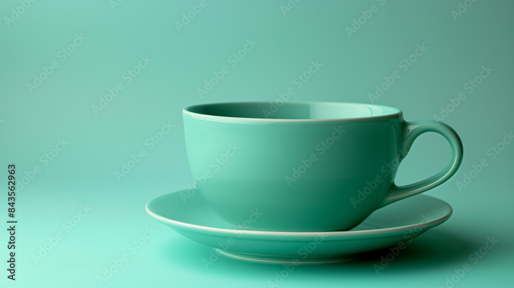 Simple yet elegant green teacup and saucer set against a matching green background. The minimalist composition emphasizes the shape and color of the cup. Simple yet elegant green teacup and saucer set against a matching green background. The minimalist composition emphasizes the shape and color of the cup.
