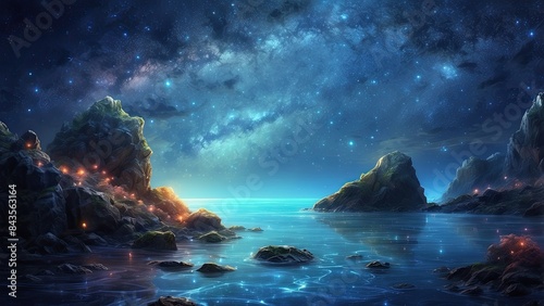 Fantasy night seascape, glowing marine life, starry sky, digital art