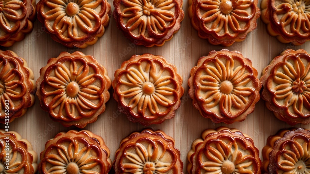 Beautifully arranged traditional mooncakes with intricate floral patterns, perfect for celebrating the Mid-Autumn Festival. Top view image. Beautifully arranged traditional mooncakes with intricate floral patterns, perfect for celebrating the Mid-Autumn Festival. Top view image.