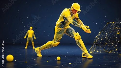 Artificial intelligence (AI) in sports analytics, player performance tracking systems, match prediction algorithms, and training programs uses a low-poly, digital yellow cricket player with glowing da © UZAIR