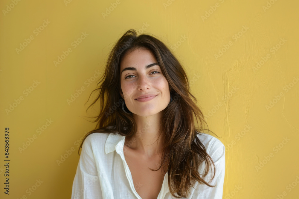 A close up portrait of a young woman with a subtle smile A close up portrait of a young woman with a subtle smile