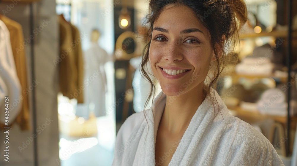 A smiling woman standing in a luxury dressing room. A smiling woman standing in a luxury dressing room.