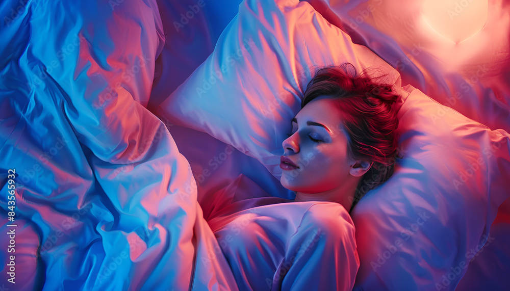 Woman sleeping in bed at night, top view Woman sleeping in bed at night, top view