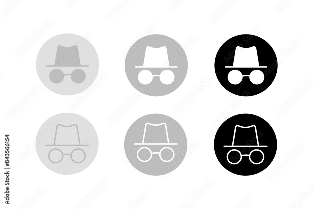 Incognito Set Icons. Glasses with Hat Icons. Linear and Silhouette Styles. Vector icons. Incognito Set Icons. Glasses with Hat Icons. Linear and Silhouette Styles. Vector icons.