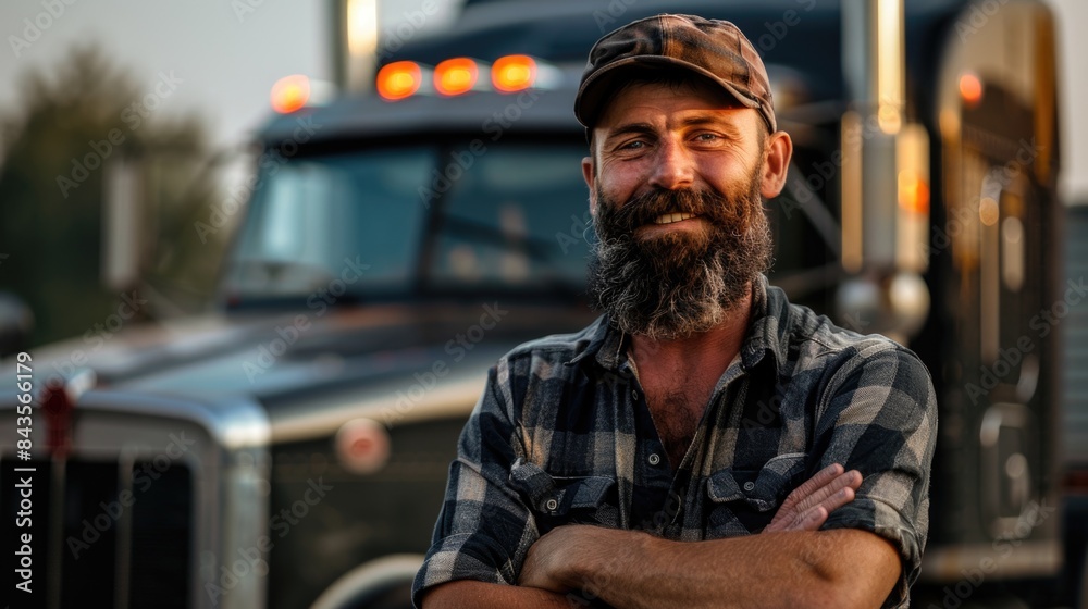 A smiling trucker standing with arms crossed in front of his modern black semitruck. A smiling trucker standing with arms crossed in front of his modern black semitruck.