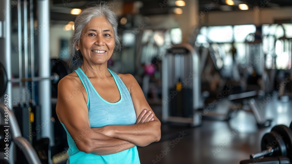 Fototapeta premium Senior South Asian Female Fitness Trainer in Modern Gym Setting Emphasizing Active Lifestyle and Wellness