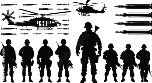 Soldier and helicopter silhouette. Vector set. bullets, USA military in black isolated on white background