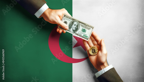 Exchanging traditional dollars for Bitcoin on Algeria flag background, symbolizing the shift to digital currency in the modern financial world photo