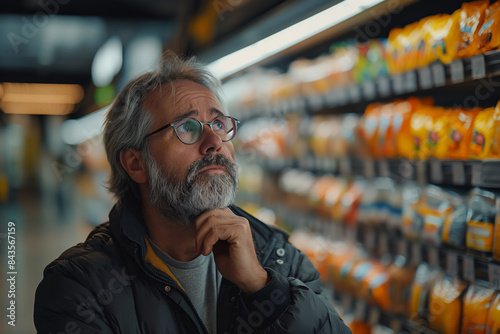 supermarket customer feels worried about rising product prices in supermarket - inflation