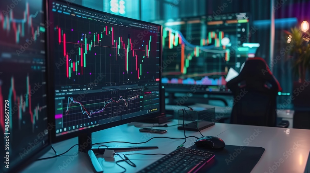Studio shot of a dynamic candlestick chart and stock market graph on a sleek monitor, perfect for financial investment analysis. Studio shot of a dynamic candlestick chart and stock market graph on a sleek monitor, perfect for financial investment analysis.