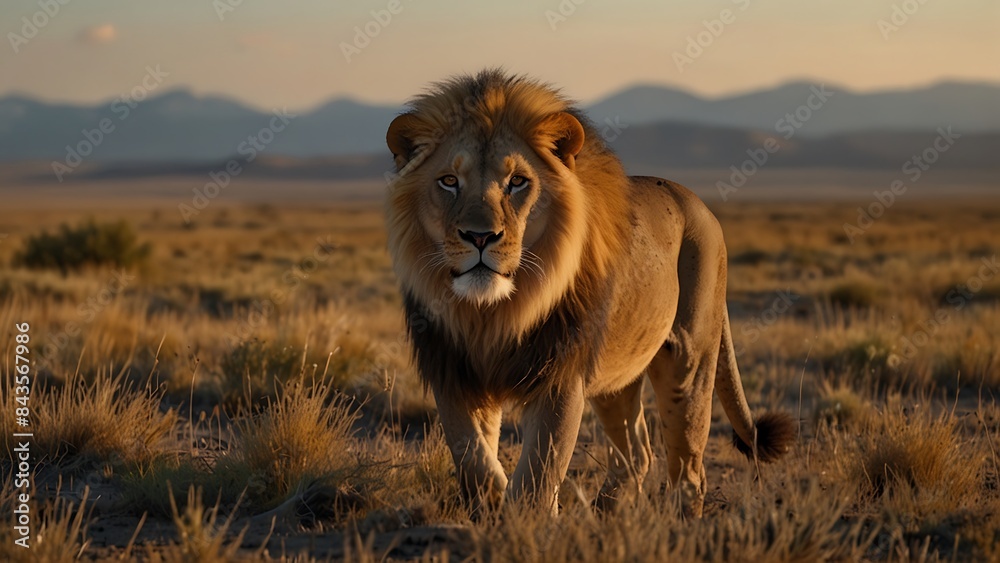 A single lion standing on a grassy plain during daylight A single lion standing on a grassy plain during daylight