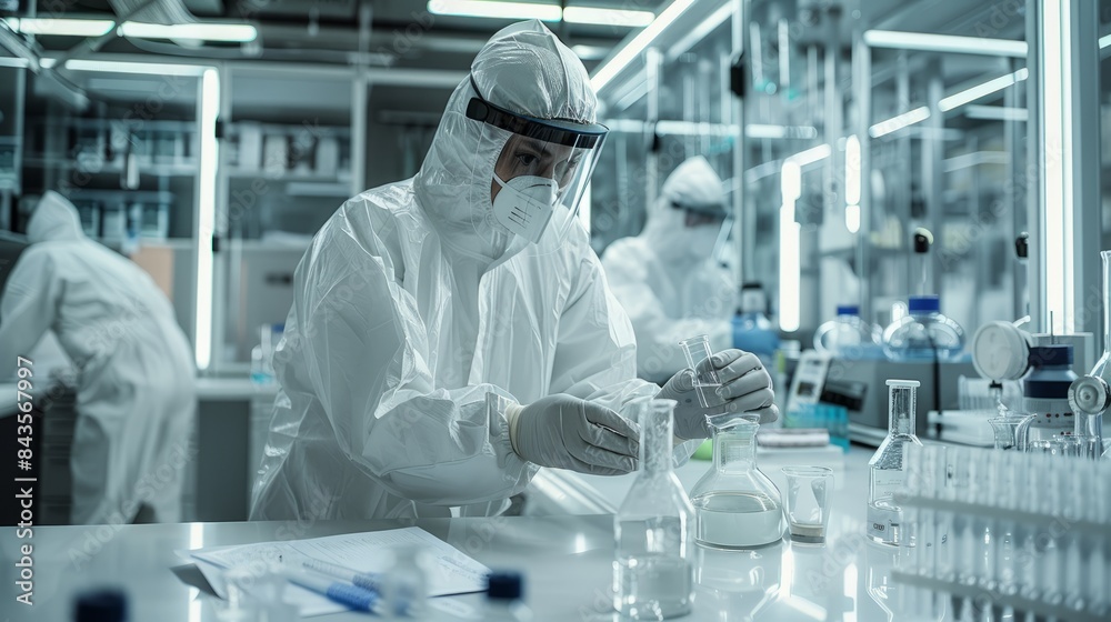 The image portrays a focused scientist in a white lab coat, carefully carrying out chemical experiments in a modern laboratory using a range of lab instruments. The image portrays a focused scientist in a white lab coat, carefully carrying out chemical experiments in a modern laboratory using a range of lab instruments.
