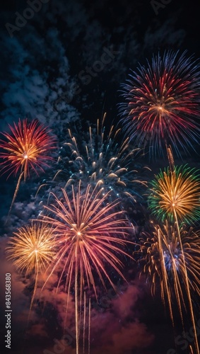 Vibrant fireworks display paints the night sky  illuminating the clouds with bursts of light.