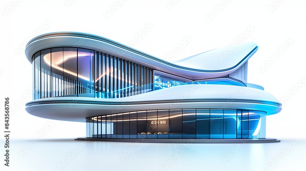 Modern architectural building with a futuristic design. Glass structure, spacious floors, and bright interior light. A contemporary urban office with a perspective of the exterior Modern architectural building with a futuristic design. Glass structure, spacious floors, and bright interior light. A contemporary urban office with a perspective of the exterior