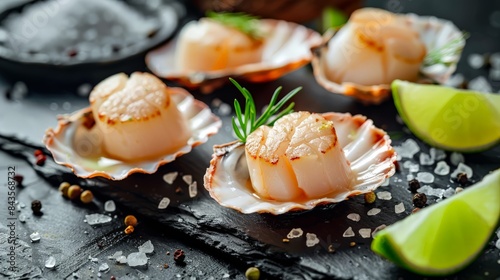 Seared scallops in shells with lime wedges and herbs on a slate plate. Perfect for elegant seafood dishes and culinary presentations