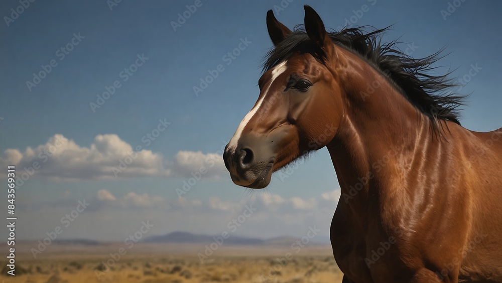 A group of gorgeous wild horses galloping through a golden field under the sun with silhouettes of mountains in the background
