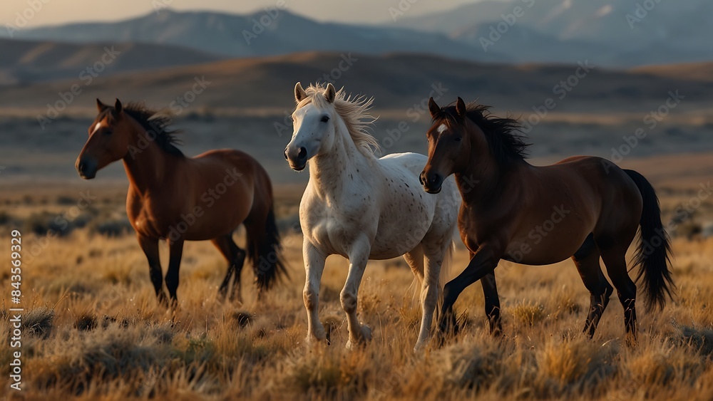 Fototapeta premium A group of gorgeous wild horses galloping through a golden field under the sun with silhouettes of mountains in the background