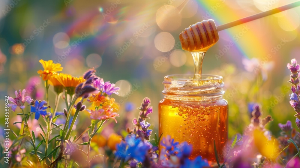 Golden honey drips from a wooden dipper into a jar amidst a vibrant meadow of wildflowers under a rainbow-lit sky Golden honey drips from a wooden dipper into a jar amidst a vibrant meadow of wildflowers under a rainbow-lit sky