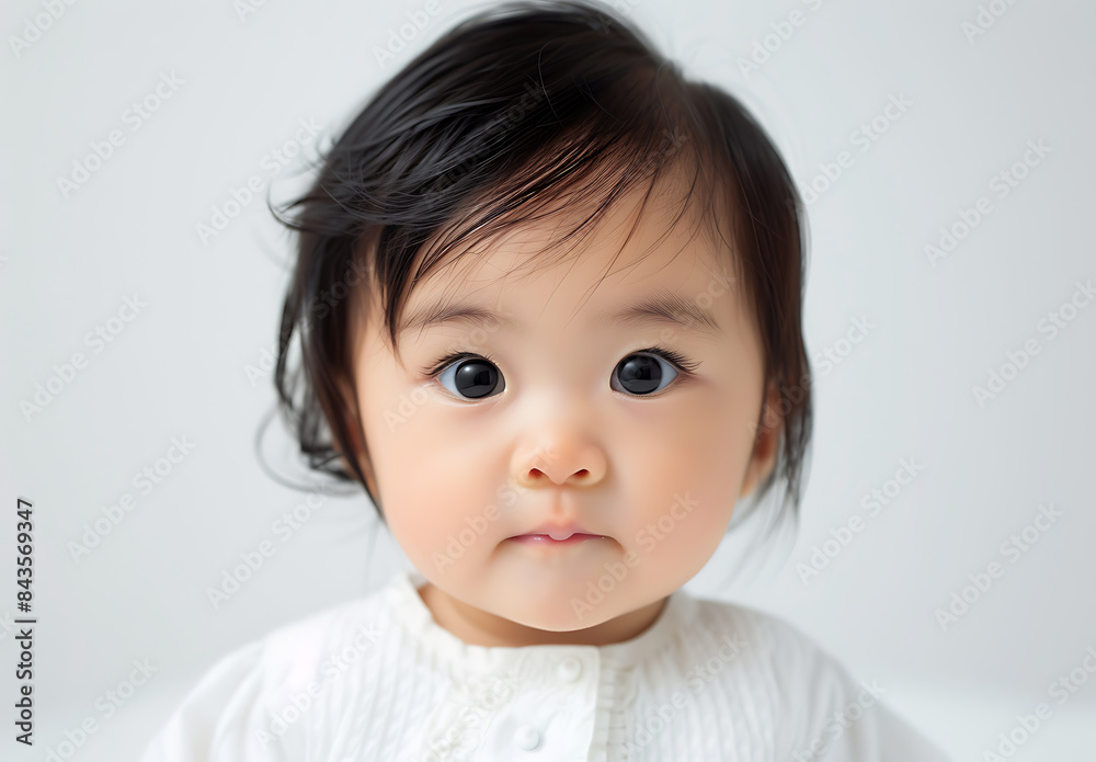 closeup of Asian baby wearing white black hair big eye standing sideways front view against pure white background commercial photography feature soft light illumination high definition detail sense closeup of Asian baby wearing white black hair big eye standing sideways front view against pure white background commercial photography feature soft light illumination high definition detail sense