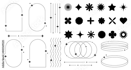 Set of abstract retro futuristic elements and shapes and aesthetic line frames boho, brutalism, Y2K style. Geometric elements with sparkles for template social media, poster, banner, logo, stickers