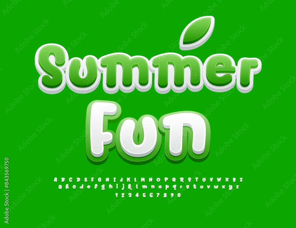Vector funny Banner Summer Fun. White and Green Bright Font. Playful Alphabet Letters and Numbers set. Vector funny Banner Summer Fun. White and Green Bright Font. Playful Alphabet Letters and Numbers set.