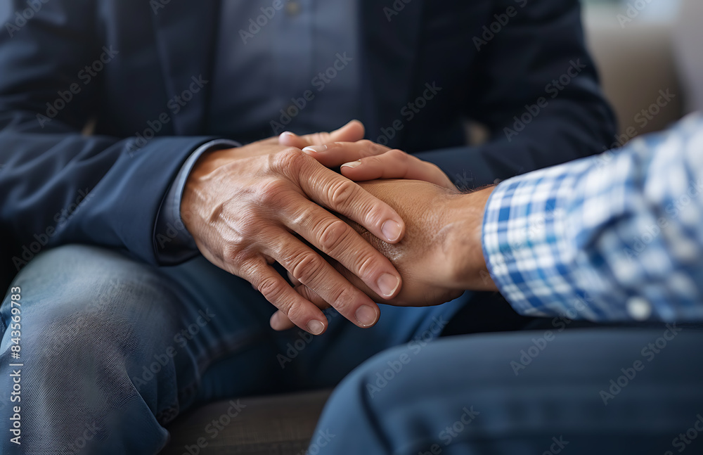 closeup of two hand holding each other one suit second jean man sitting office chair while another person stand next him giving his hand help or support Both people look their palm together if they closeup of two hand holding each other one suit second jean man sitting office chair while another person stand next him giving his hand help or support Both people look their palm together if they