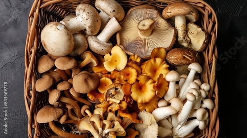 Top view of variety of uncooked wild forest mushrooms in a wicker basket on a black background, Rotation 360. Mushrooms chanterelles, honey agarics, oyster mushrooms, champignons, Generative AI