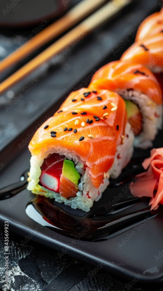 Vibrant sushi platter with assorted rolls, garnished with fresh herbs and served with red chopsticks. Ideal for Japanese food lovers and gourmet dining Vibrant sushi platter with assorted rolls, garnished with fresh herbs and served with red chopsticks. Ideal for Japanese food lovers and gourmet dining