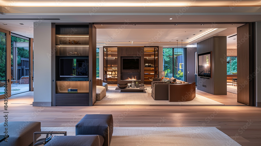 Interior of modern house, living room, kitchen and dining area Interior of modern house, living room, kitchen and dining area