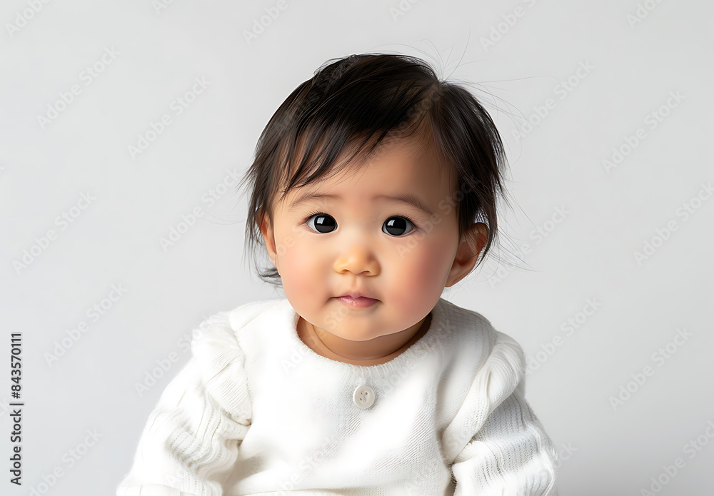 cute asian baby girl wearing white looking camera big eyes an expression of innocence on her face sitting in front of a pure white background halflength photo shot in the style of Sony A7c f2 lens cute asian baby girl wearing white looking camera big eyes an expression of innocence on her face sitting in front of a pure white background halflength photo shot in the style of Sony A7c f2 lens