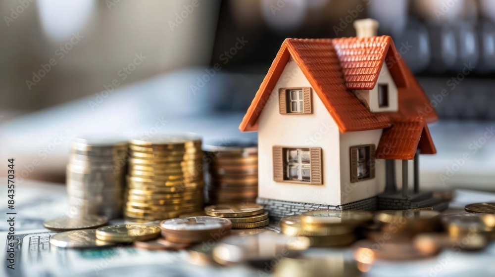 House model and money coins, home loan financial plan. House model and money coins, home loan financial plan.