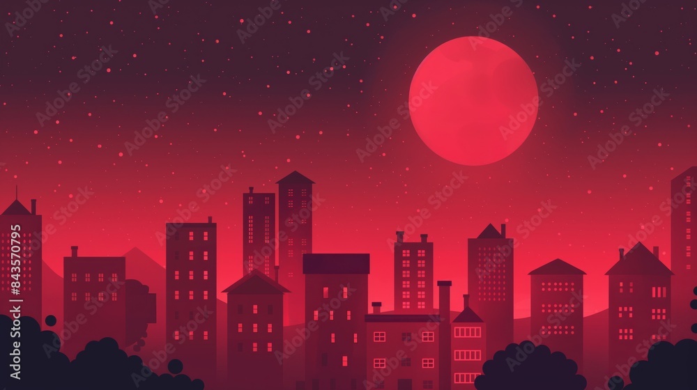 Fototapeta premium Red city skyline with full moon and starry night sky