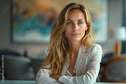 A blonde woman in a light-colored blazer, sitting at a desk in an office with a blurred colorful background.