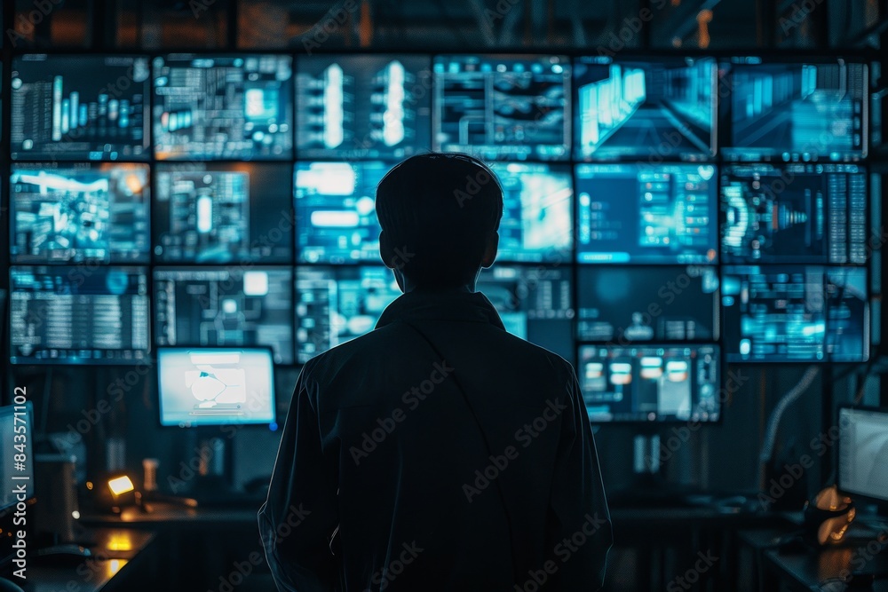 A person in front of multiple computer screens displaying data, creating a high-tech and analytical environment. A person in front of multiple computer screens displaying data, creating a high-tech and analytical environment.