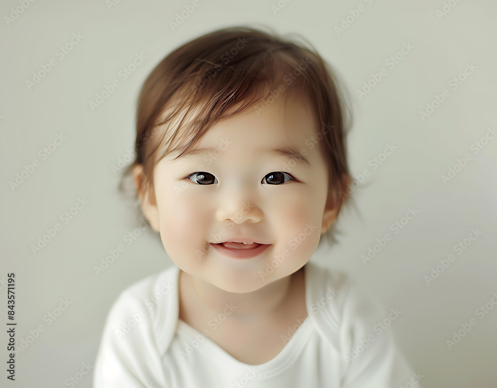 cute baby big eye round face white background portrait photography closeup of head shoulder smiling expression clean skin tone soft light shadow delicate facial feature wearing longsleeved white cute baby big eye round face white background portrait photography closeup of head shoulder smiling expression clean skin tone soft light shadow delicate facial feature wearing longsleeved white