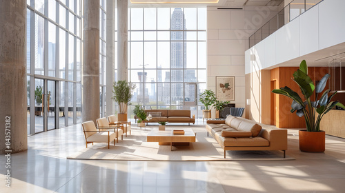 Interior of a modern living room with a panoramic window overlooking the city