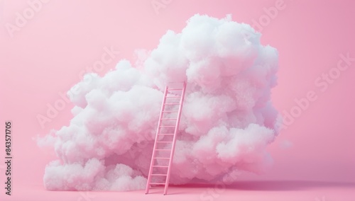 Ladder leading to a cloud on a pink background. Concept for success, achievement or dreams coming true