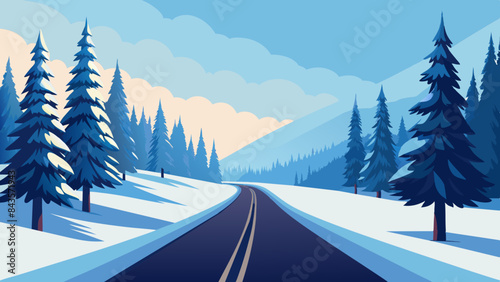Landscape of a winter road in a pine forest and snowy weather vector  illustration 
