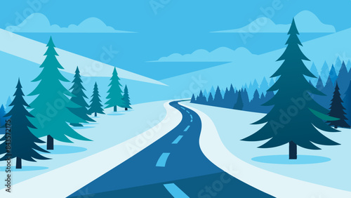 Landscape of a winter road in a pine forest and snowy weather vector  illustration  © Sumondesigner_42