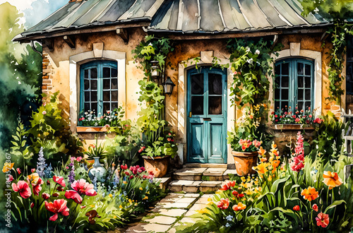 A charming country cottage surrounded by a lush garden  with every flower  leaf  and architectural detail finely painted vector art illustration generative AI image. 