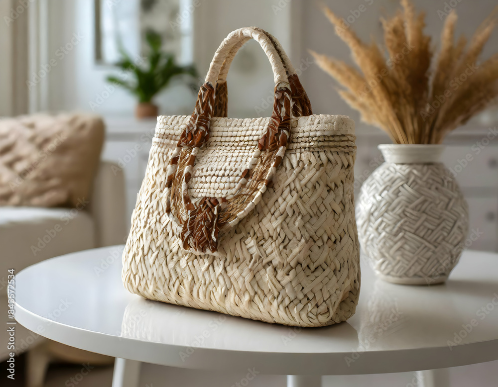 custom made wallpaper toronto digitala woven bag with intricate details on a white table, set against a background of white furniture in a serene home environment.basket on a table