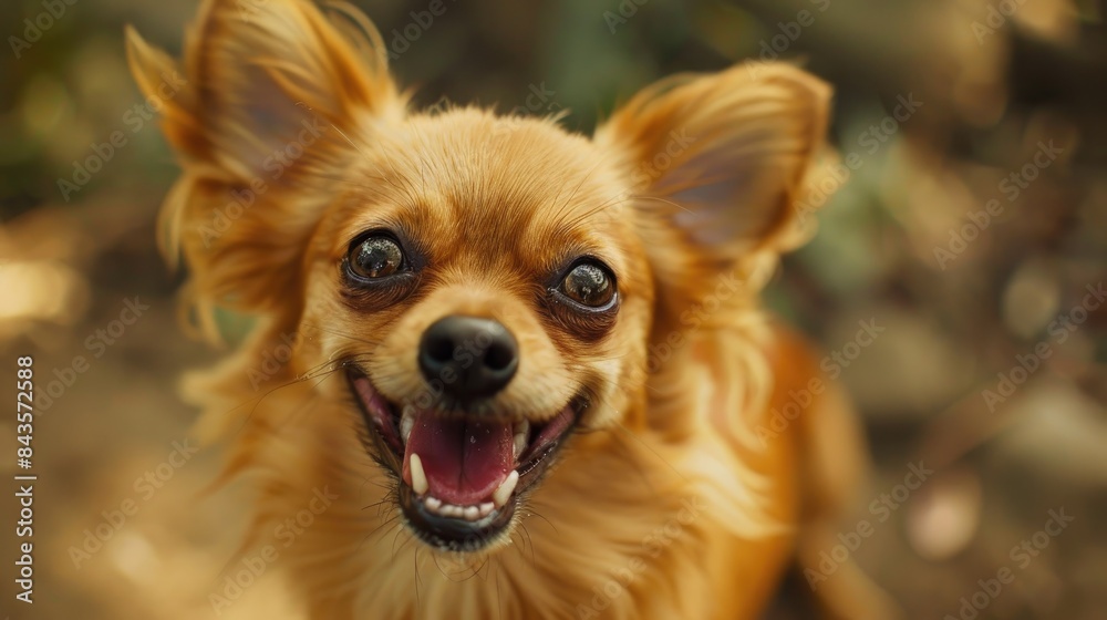 A photograph of an adorable dog gazing at the camera with a broad grin A photograph of an adorable dog gazing at the camera with a broad grin