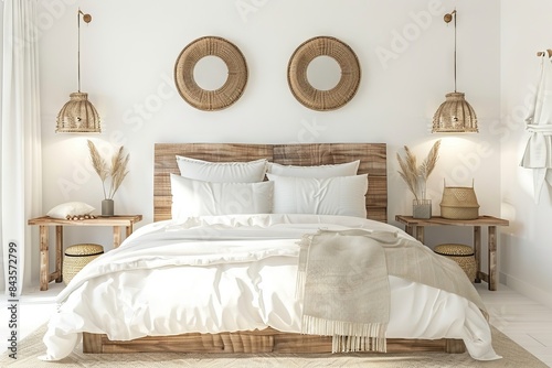 White bedroom with a wooden headboard and bed, three wall sconces above the bed. Two circular mirrors © EF Studio