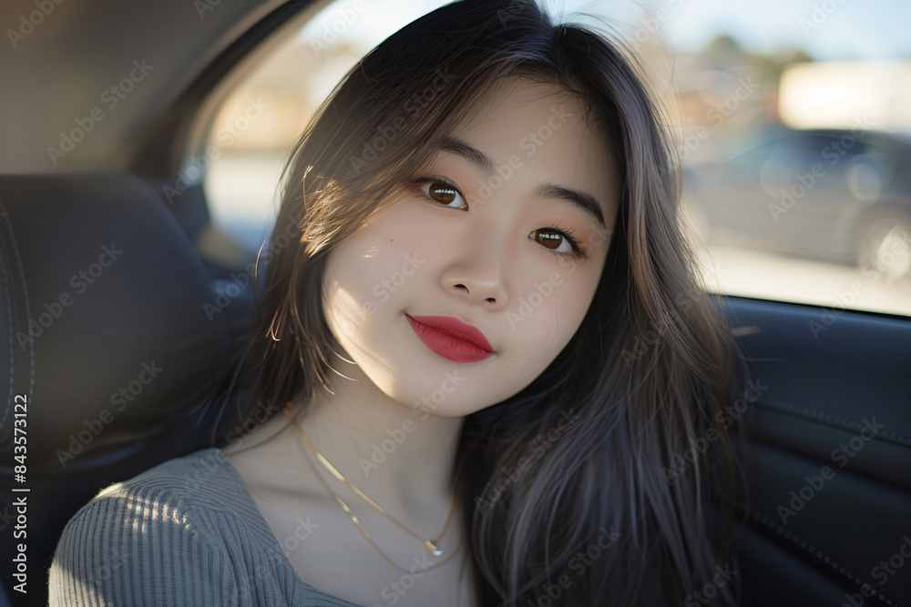 a woman sitting in a car with a red lipstick a woman sitting in a car with a red lipstick