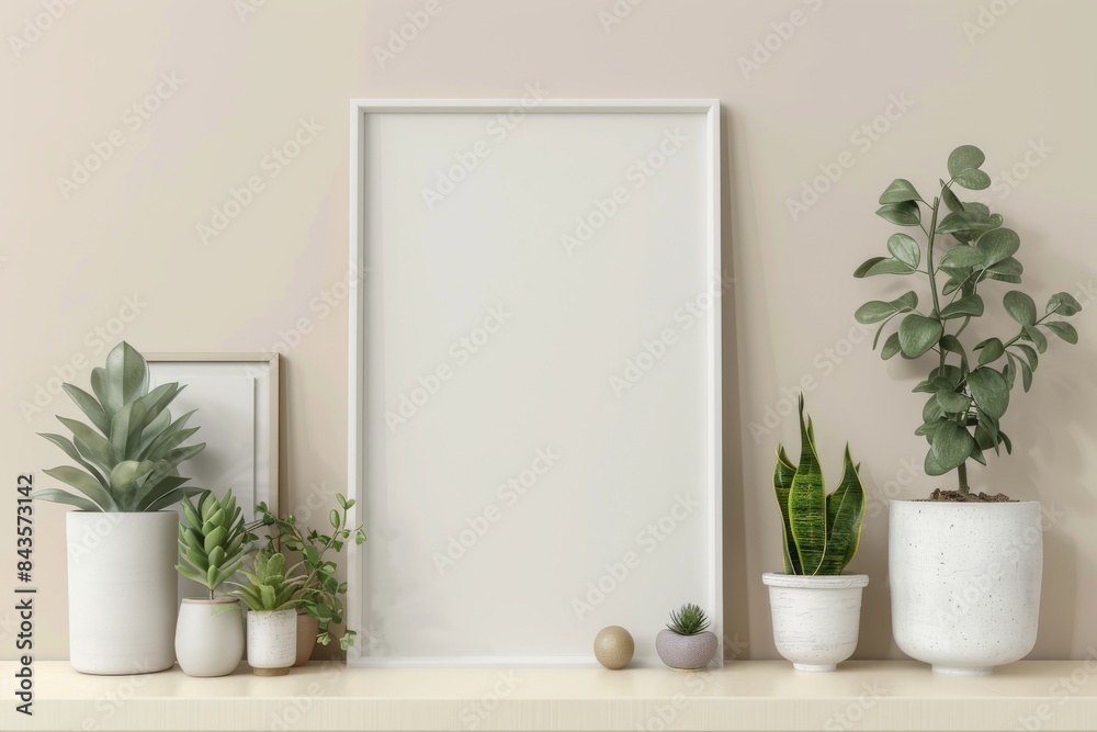 White frame mockup on a shelf with a green plant and decorative objects, against a white background White frame mockup on a shelf with a green plant and decorative objects, against a white background