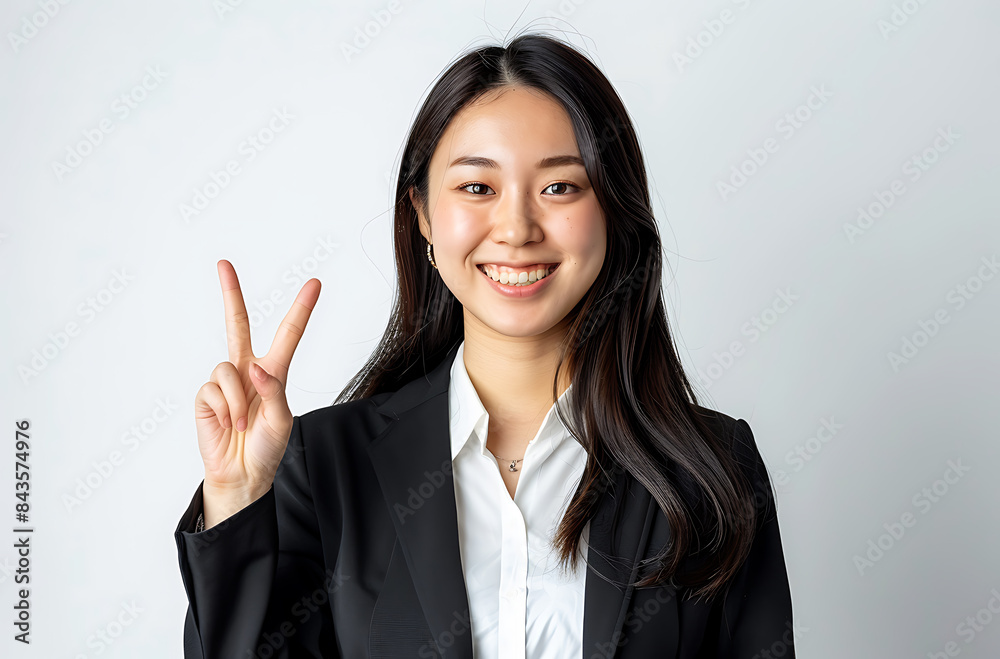 Japanese woman her early mid20s smiling giving peace sign one hand while wearing business casual attire against isolated white background She standing upright appears joyful confident8k real photo Japanese woman her early mid20s smiling giving peace sign one hand while wearing business casual attire against isolated white background She standing upright appears joyful confident8k real photo